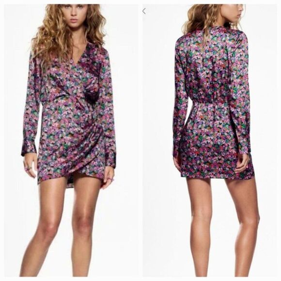 Zara Multicolor Ditsy Floral Satin V-Neck Long Sleeve Faux Wrap Mini Dress Sz‎ S - Picture 2 of 7